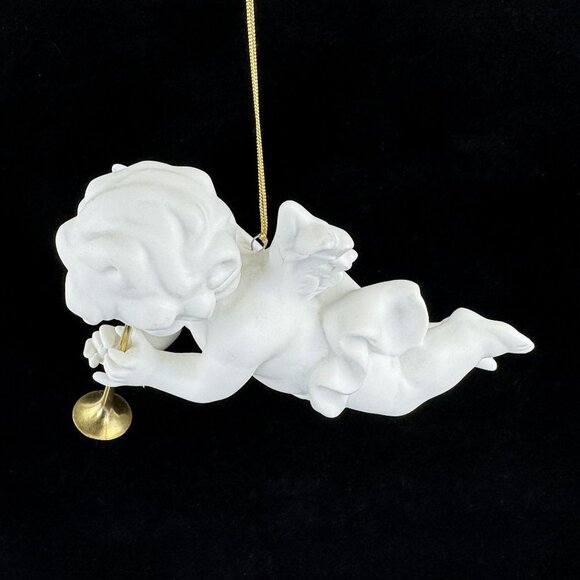 Vintage Porcelain Cherub Angel Hanging Figurine Gold Cord Brass Trumpet Ornament - Picture 14 of 16